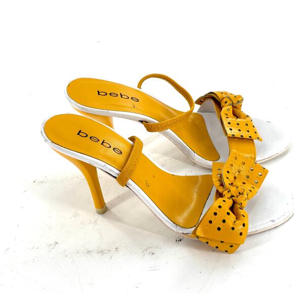 Bebe Perforated Mules Heels 5.5 Yellow Leather Sandals Glam Cocktail Resort - Picture 2 of 6